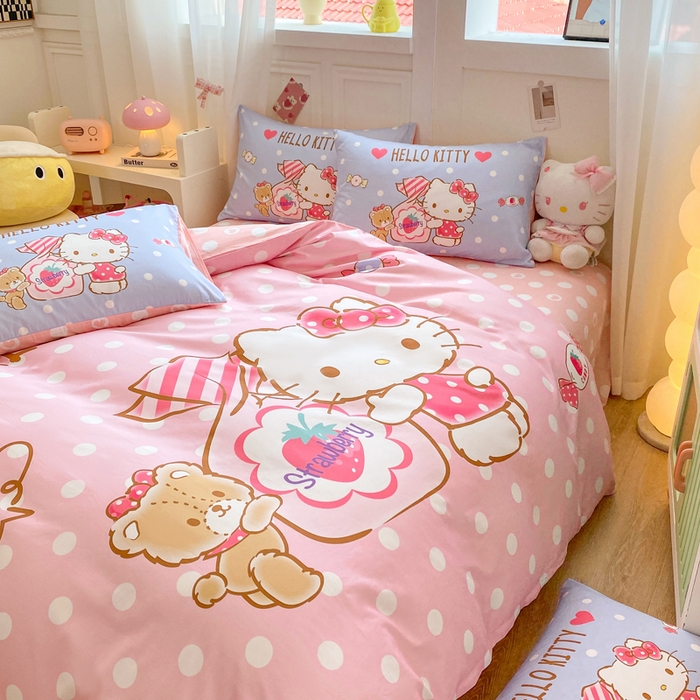 91家纺网 家纺一手货源 找家纺 博雅 2025春夏新款全棉纯棉三丽欧新款大板四件套 全棉大版（口袋枕）草莓糖果KT