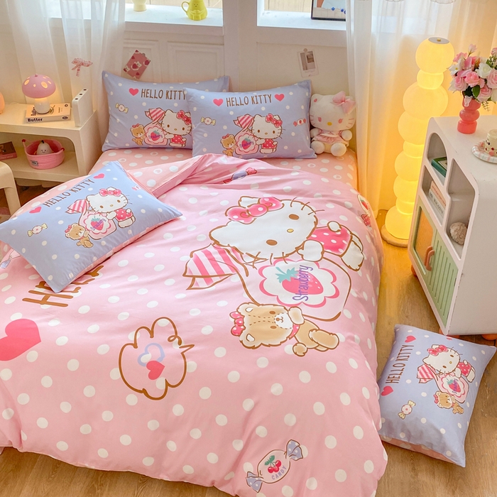 91家纺网 家纺一手货源 找家纺 博雅 2025春夏新款全棉纯棉三丽欧新款大板四件套 全棉大版（口袋枕）草莓糖果KT