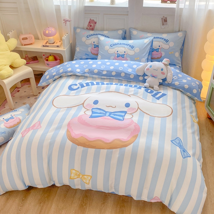 91家纺网 家纺一手货源 找家纺 博雅 2025春夏新款全棉纯棉三丽欧新款大板四件套 全棉大版（口袋枕）蝴蝶结条纹玉桂狗