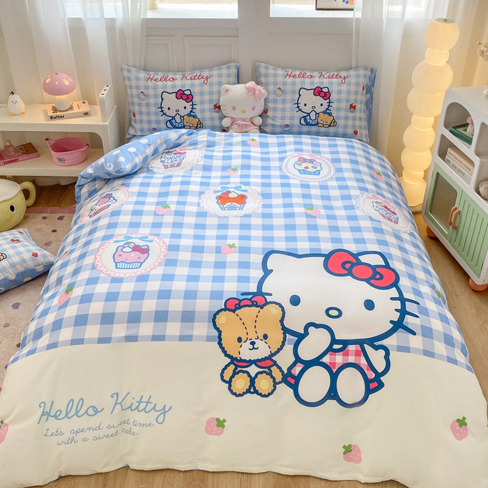 91家纺网 家纺一手货源 找家纺 博雅 2025春夏新款全棉纯棉三丽欧新款大板四件套 全棉大版（口袋枕）蓝格KT