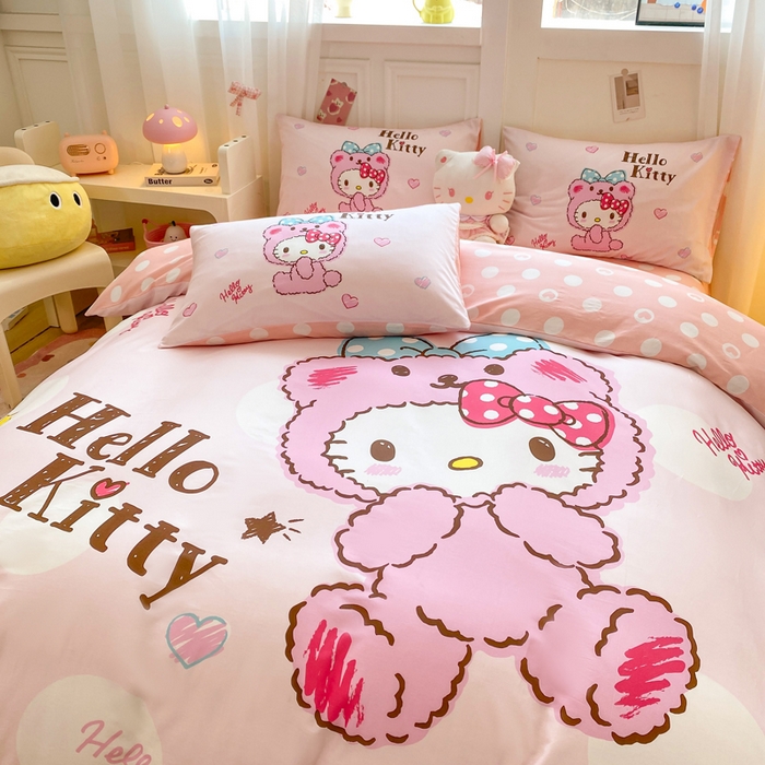 91家纺网 家纺一手货源 找家纺 博雅 2025春夏新款全棉纯棉三丽欧新款大板四件套 全棉大版（口袋枕）玩具熊KT