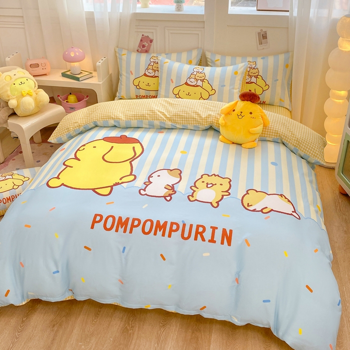 91家纺网 家纺一手货源 找家纺 博雅 2025春夏新款全棉纯棉三丽欧新款大板四件套 全棉大版（口袋枕）小彩带布丁狗