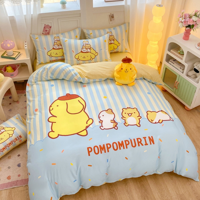 91家纺网 家纺一手货源 找家纺 博雅 2025春夏新款全棉纯棉三丽欧新款大板四件套 全棉大版（口袋枕）小彩带布丁狗