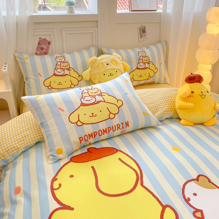 91家纺网 家纺一手货源 找家纺 博雅 2025春夏新款全棉纯棉三丽欧新款大板四件套 全棉大版（口袋枕）小彩带布丁狗