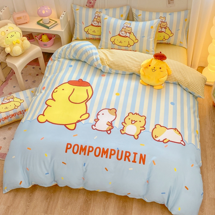 91家纺网 家纺一手货源 找家纺 博雅 2025春夏新款全棉纯棉三丽欧新款大板四件套 全棉大版（口袋枕）小彩带布丁狗