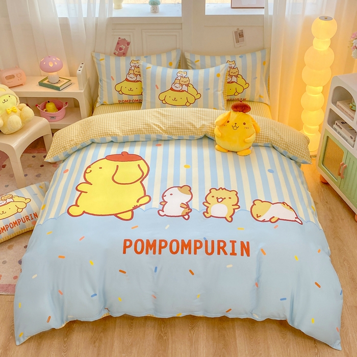 91家纺网 家纺一手货源 找家纺 博雅 2025春夏新款全棉纯棉三丽欧新款大板四件套 全棉大版（口袋枕）小彩带布丁狗