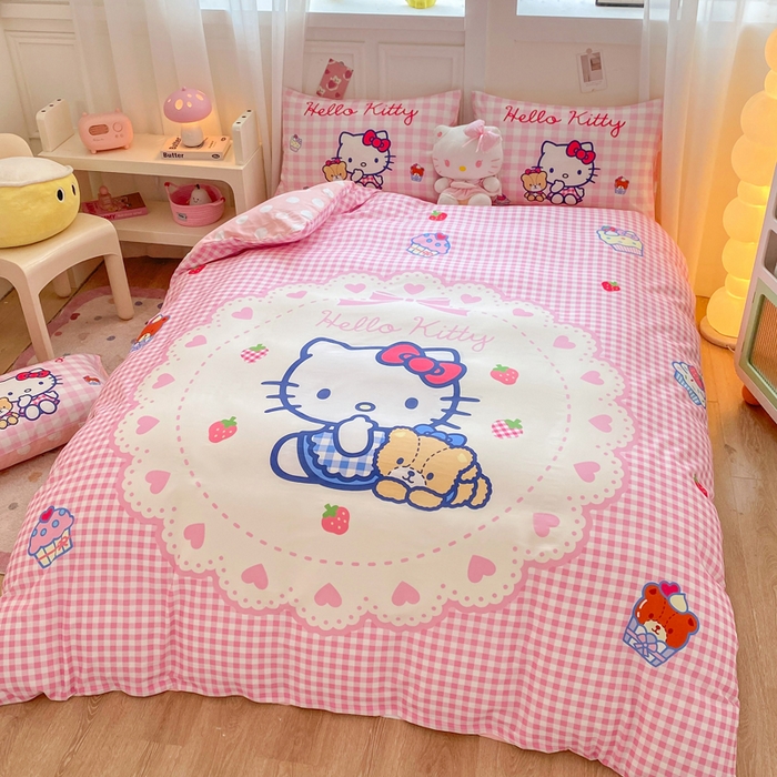 91家纺网 家纺一手货源 找家纺 博雅 2025春夏新款全棉纯棉三丽欧新款大板四件套 全棉大版（口袋枕）小熊饼干KT