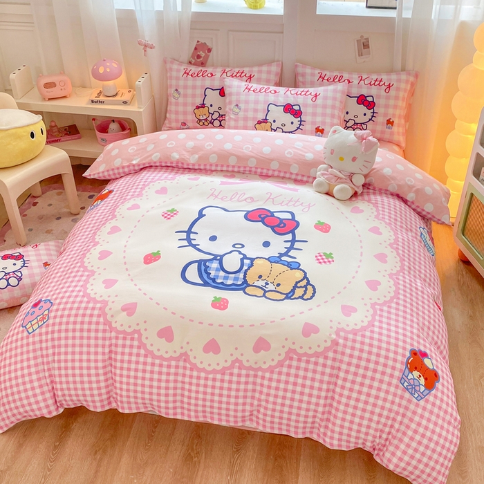 91家纺网 家纺一手货源 找家纺 博雅 2025春夏新款全棉纯棉三丽欧新款大板四件套 全棉大版（口袋枕）小熊饼干KT