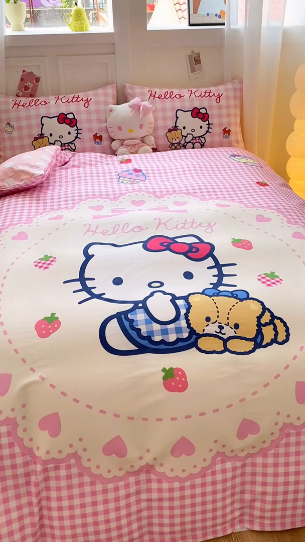 91家纺网 家纺一手货源 找家纺 博雅 2025春夏新款全棉纯棉三丽欧新款大板四件套 全棉大版（口袋枕）小熊饼干KT