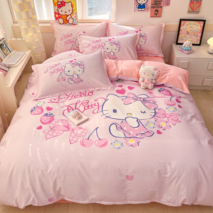 博雅 2025春夏新款全棉纯棉三丽欧新款大板四件套 全棉大版（信封枕）草莓KT猫