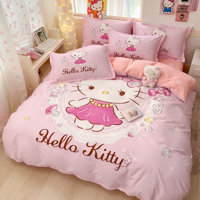 91家纺网 家纺一手货源 找家纺 博雅 2025春夏新款全棉纯棉三丽欧新款大板四件套 全棉大版（信封枕）花花KT猫