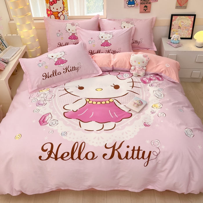 91家纺网 家纺一手货源 找家纺 博雅 2025春夏新款全棉纯棉三丽欧新款大板四件套 全棉大版（信封枕）花花KT猫