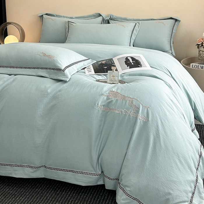 91家纺网 家纺一手货源 找家纺 库里梦家纺 2025新款高精密斜纹棉刺绣四件套-欧利系列 欧利-水绿