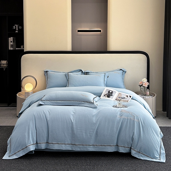 91家纺网 家纺一手货源 找家纺 库里梦家纺 2025新款高精密斜纹棉刺绣四件套-欧利系列 欧利-天蓝