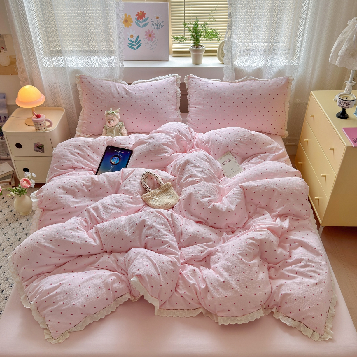 91家纺网 家纺一手货源 找家纺 （总）喜颜 2025新款爆款云感提花皱皱纱全棉镂空花边四件套学生宿舍三件套