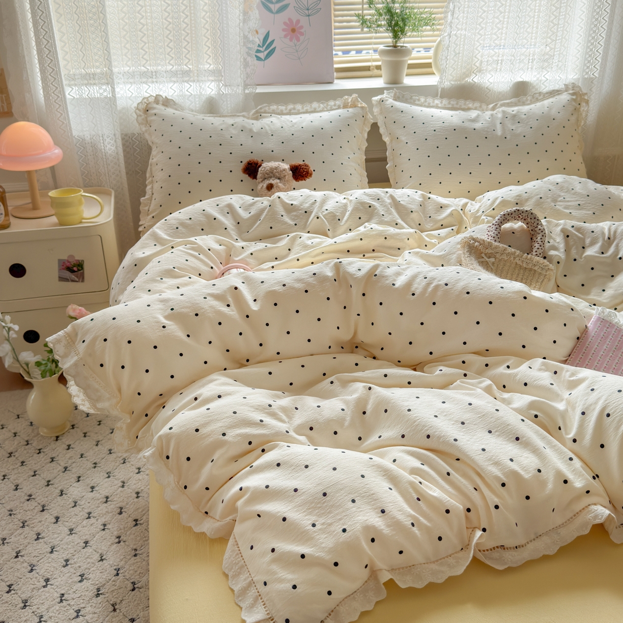 91家纺网 家纺一手货源 找家纺 喜颜 2025新款爆款云感提花皱皱纱全棉镂空花边四件套学生宿舍三件套 镂空花边-波点奶黄