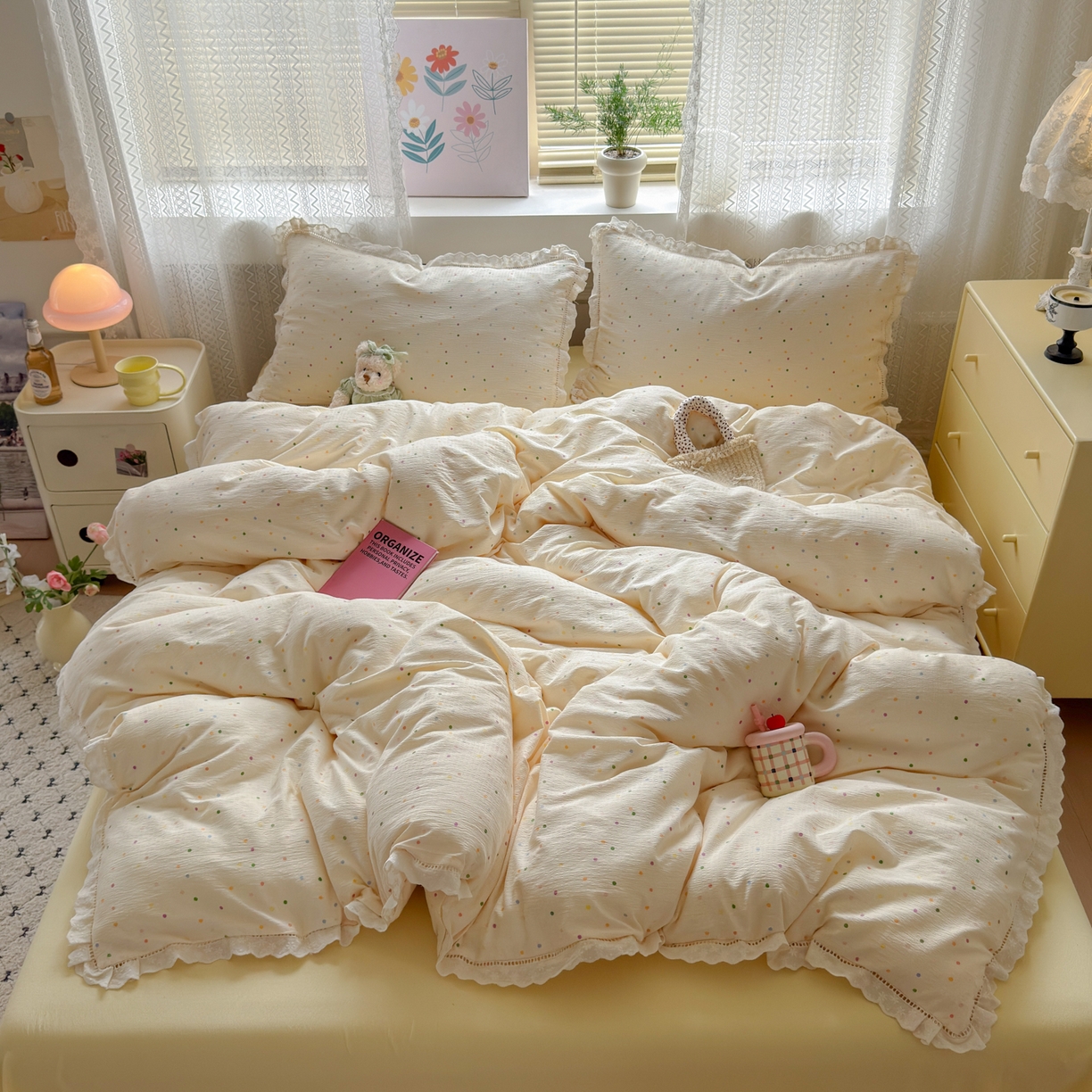 91家纺网 家纺一手货源 找家纺 （总）喜颜 2025新款爆款云感提花皱皱纱全棉镂空花边四件套学生宿舍三件套
