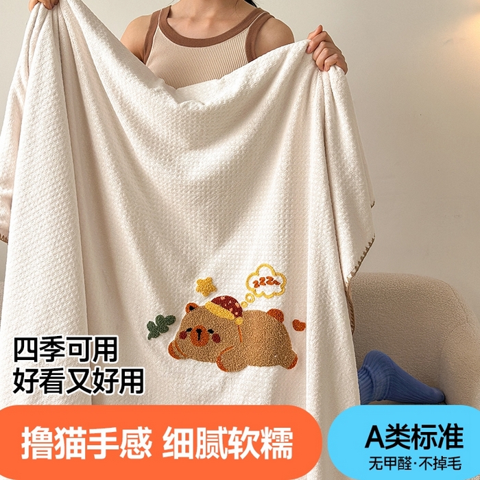 91家纺网 家纺一手货源 找家纺 艾佳2025新款卡通绣花款小华夫格毛毯毯子 华夫毯-可爱巴拉咖