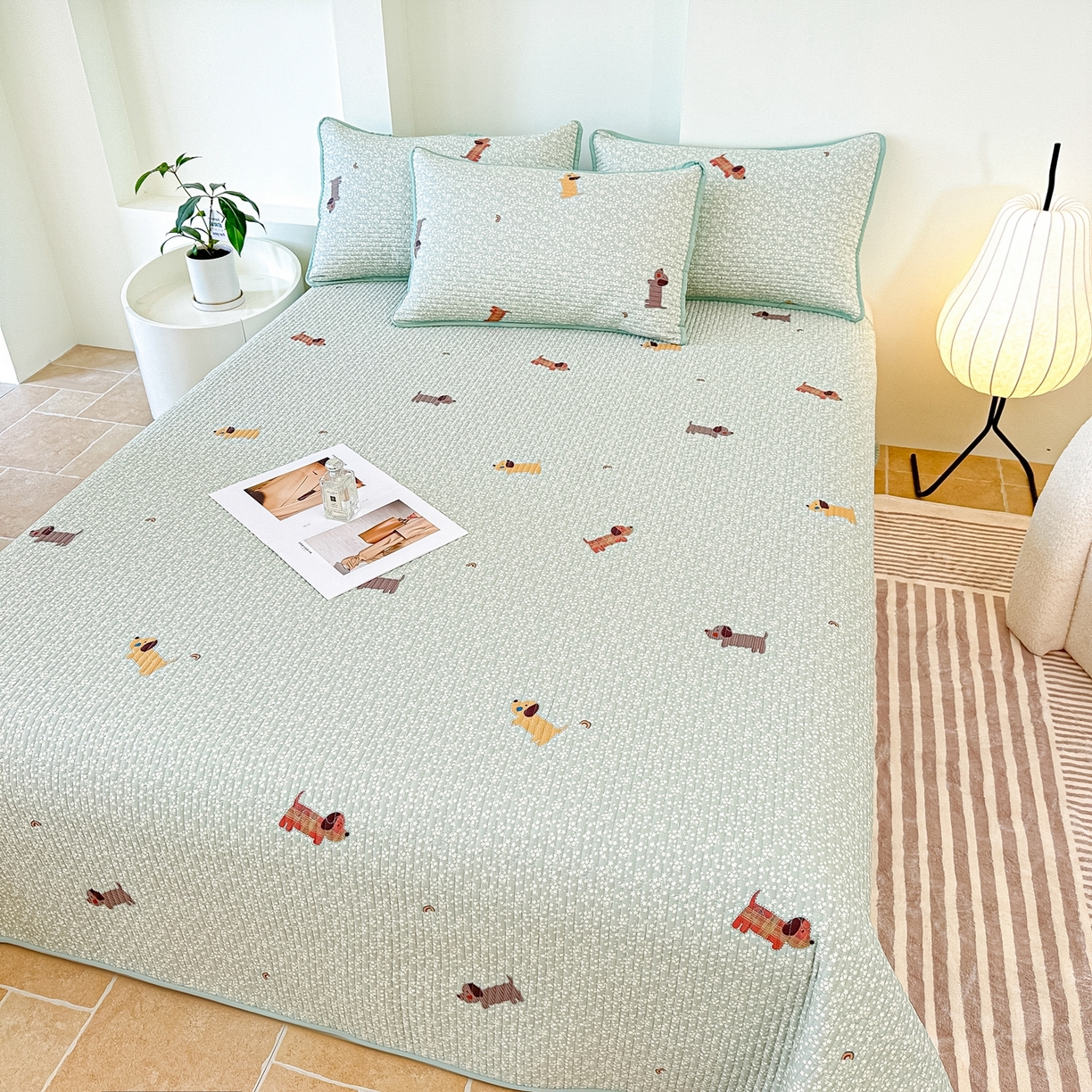 91家纺网 家纺一手货源 找家纺 橘夏家纺 2025新款多功能全棉床盖三件套 布丁狗