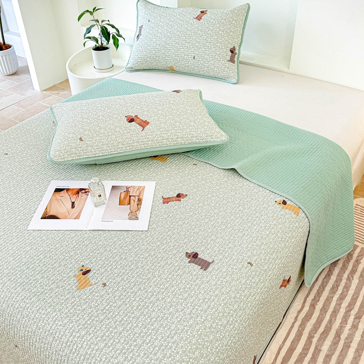 91家纺网 家纺一手货源 找家纺 橘夏家纺 2025新款多功能全棉床盖三件套 布丁狗