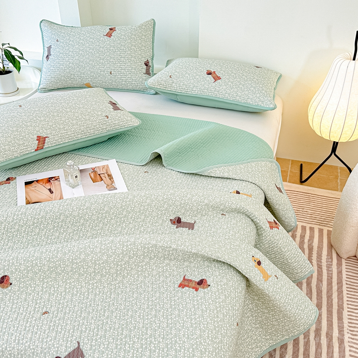 91家纺网 家纺一手货源 找家纺 橘夏家纺 2025新款多功能全棉床盖三件套 布丁狗