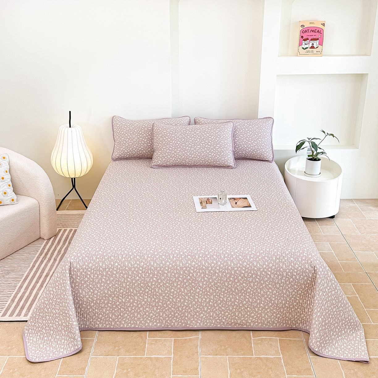 91家纺网 家纺一手货源 找家纺 橘夏家纺 2025新款多功能全棉床盖三件套 野樱苏打～紫