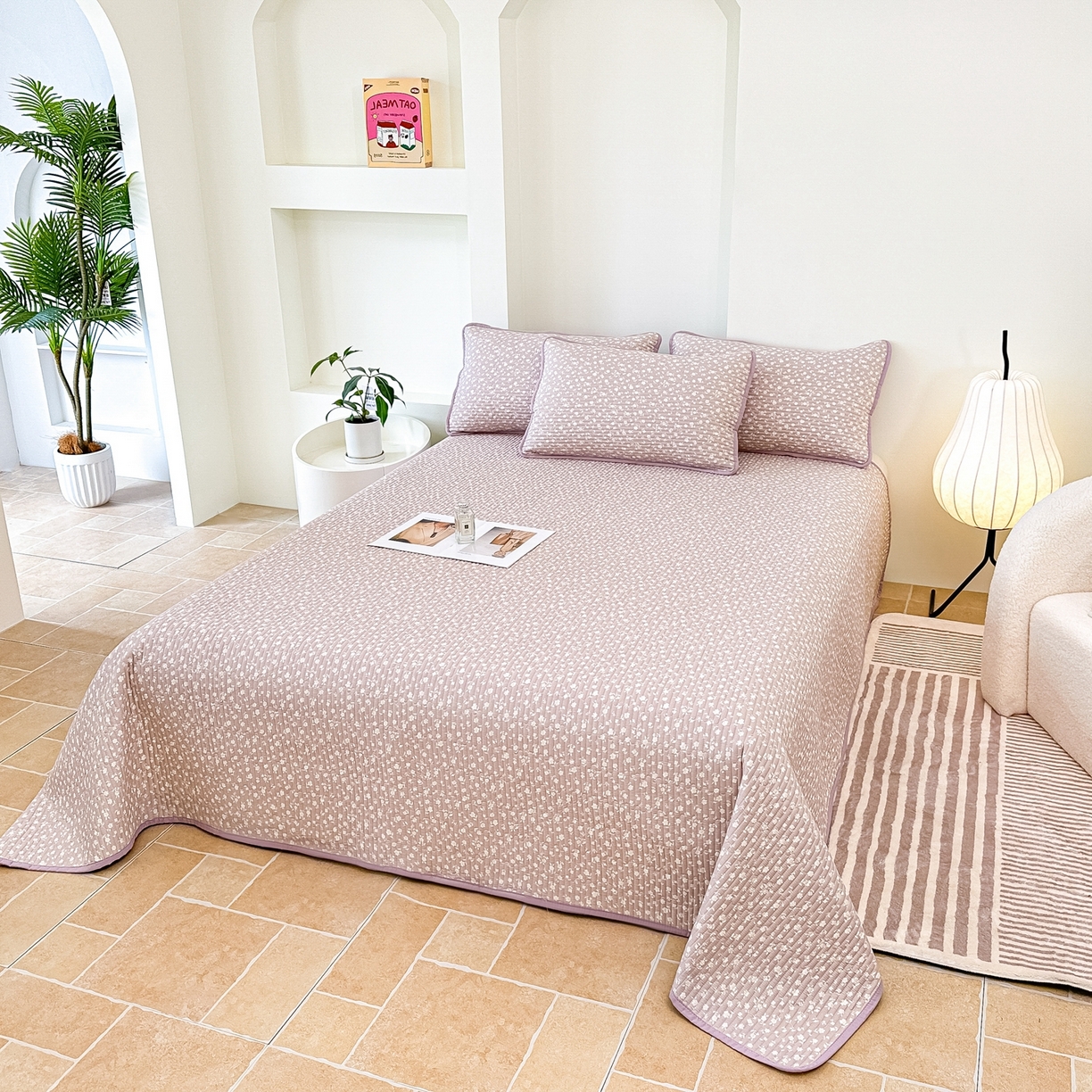 91家纺网 家纺一手货源 找家纺 橘夏家纺 2025新款多功能全棉床盖三件套 野樱苏打～紫