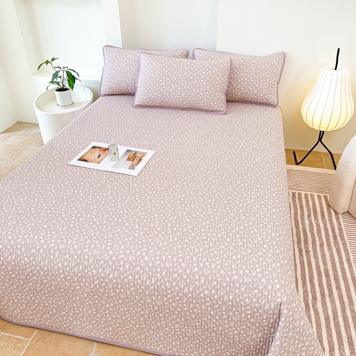 91家纺网 家纺一手货源 找家纺 橘夏家纺 2025新款多功能全棉床盖三件套 野樱苏打～紫