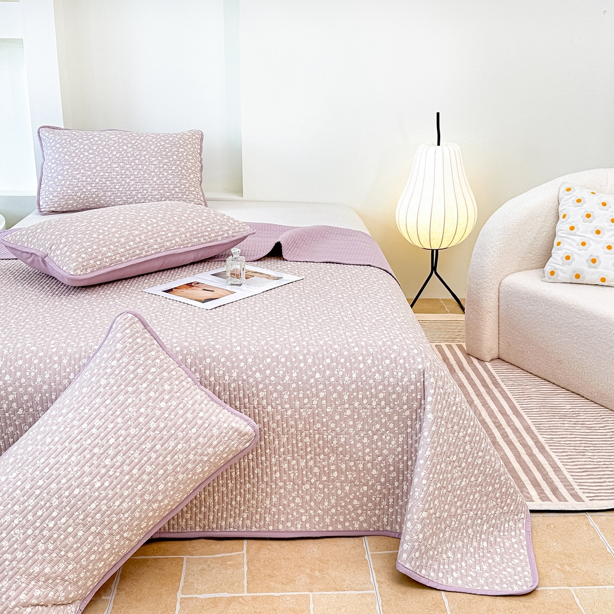 91家纺网 家纺一手货源 找家纺 橘夏家纺 2025新款多功能全棉床盖三件套 野樱苏打～紫