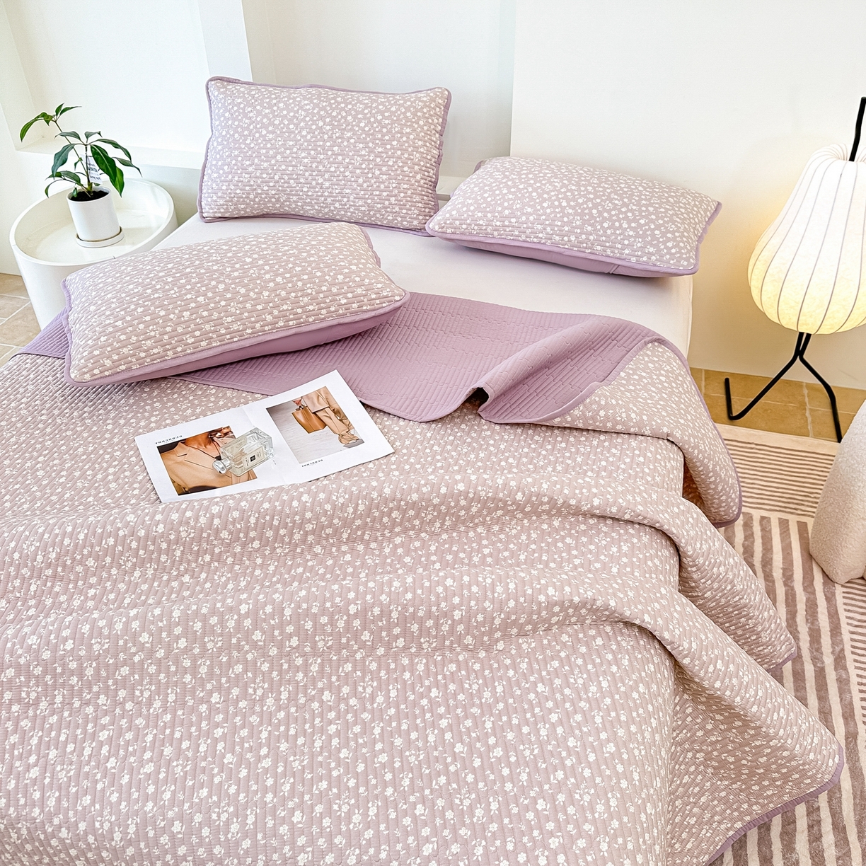 91家纺网 家纺一手货源 找家纺 橘夏家纺 2025新款多功能全棉床盖三件套 野樱苏打～紫