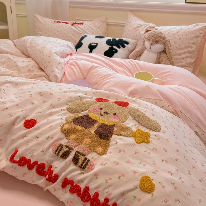 韩巢家纺 2025新款直播热销款毛巾绣四件套可爱超柔学生季宿舍床上三件套（提供卖家秀） 花花兔