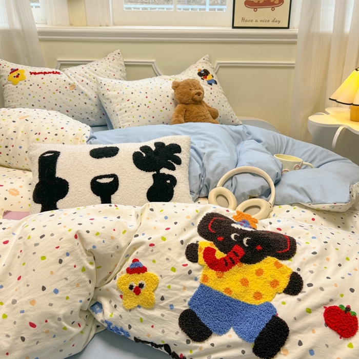 91家纺网 家纺一手货源 找家纺 韩巢家纺 2025新款直播热销款毛巾绣四件套可爱超柔学生季宿舍床上三件套（提供卖家秀） 时尚象先生