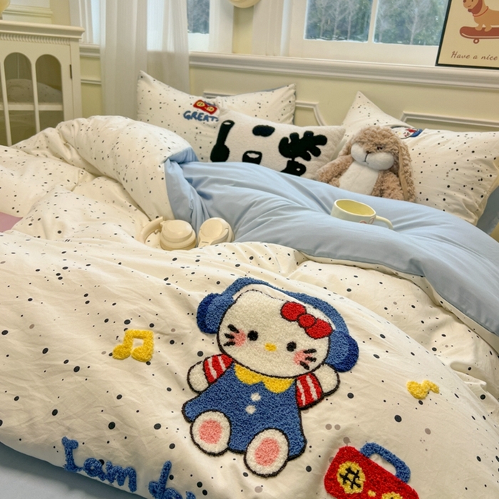 韩巢家纺 2025新款直播热销款毛巾绣四件套可爱超柔学生季宿舍床上三件套（提供卖家秀） 小猫收音机