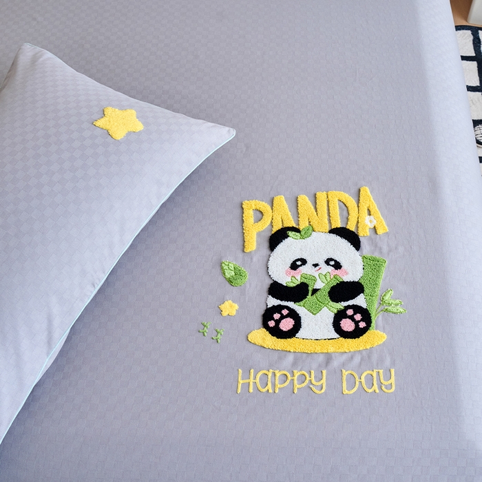 91家纺网 家纺一手货源 找家纺 春皖家纺 2025新款全棉纯棉提花粗布毛巾绣单枕套 枕套单件-风格二 小竹熊-灰