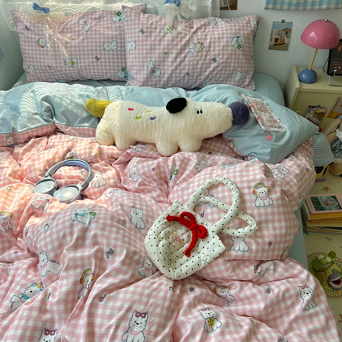 原素 2025新款学生季双拼少女心水洗棉双层纱四件套 粉格西高地