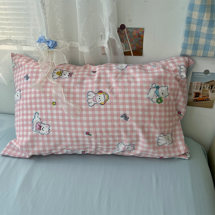 91家纺网 家纺一手货源 找家纺 原素 2025新款学生季双拼少女心水洗棉双层纱四件套 粉格西高地