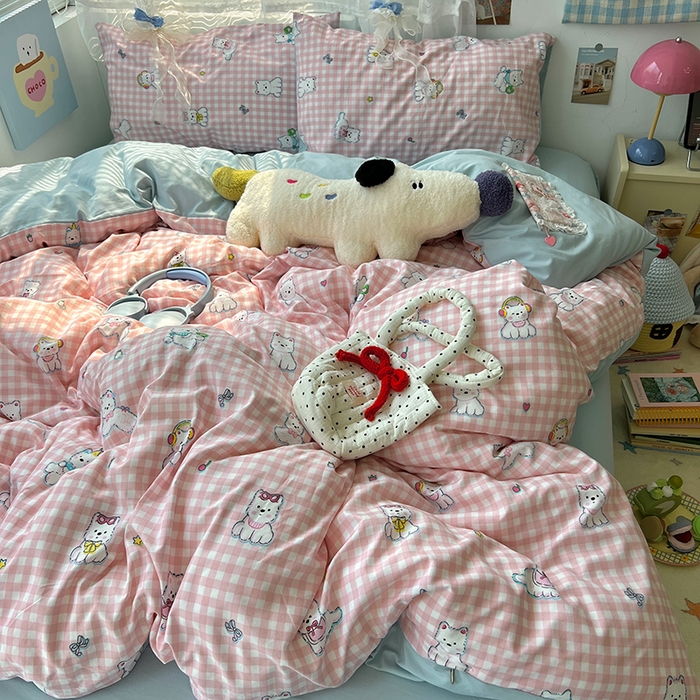 91家纺网 家纺一手货源 找家纺 原素 2025新款学生季双拼少女心水洗棉双层纱四件套 粉格西高地