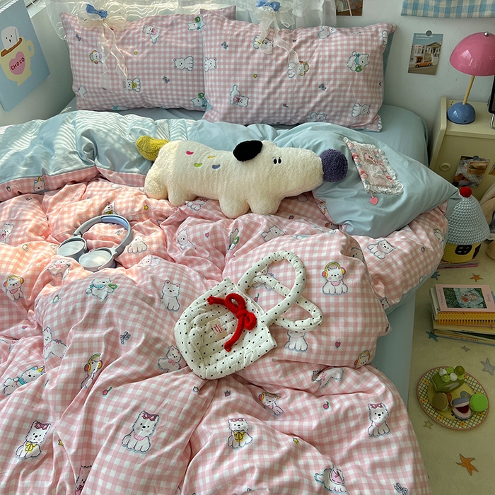 91家纺网 家纺一手货源 找家纺 原素 2025新款学生季双拼少女心水洗棉双层纱四件套 粉格西高地