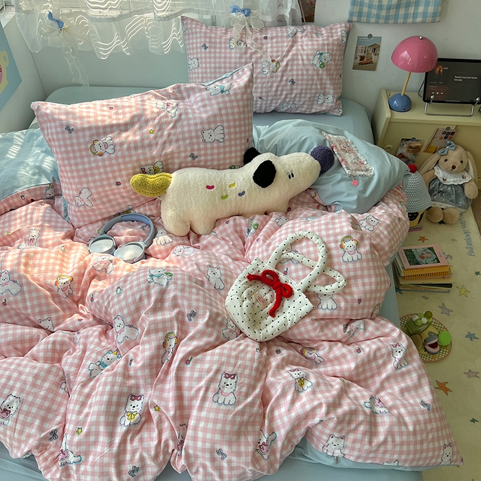 91家纺网 家纺一手货源 找家纺 原素 2025新款学生季双拼少女心水洗棉双层纱四件套 粉格西高地