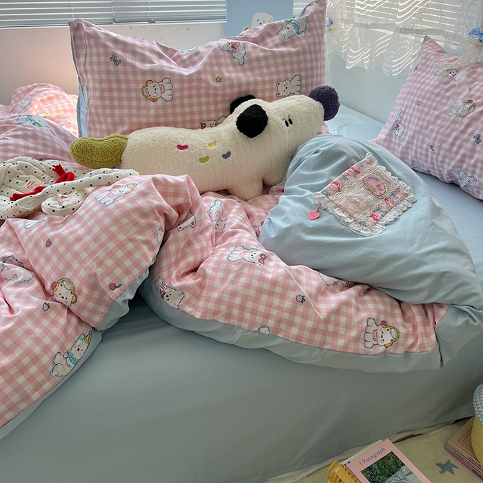 91家纺网 家纺一手货源 找家纺 原素 2025新款学生季双拼少女心水洗棉双层纱四件套 粉格西高地