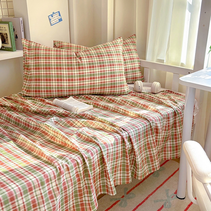 91家纺网 家纺一手货源 找家纺 （总）百寐2025新款全棉学生季宿舍格子简约床单0.9宿舍纯棉双层纱单床单