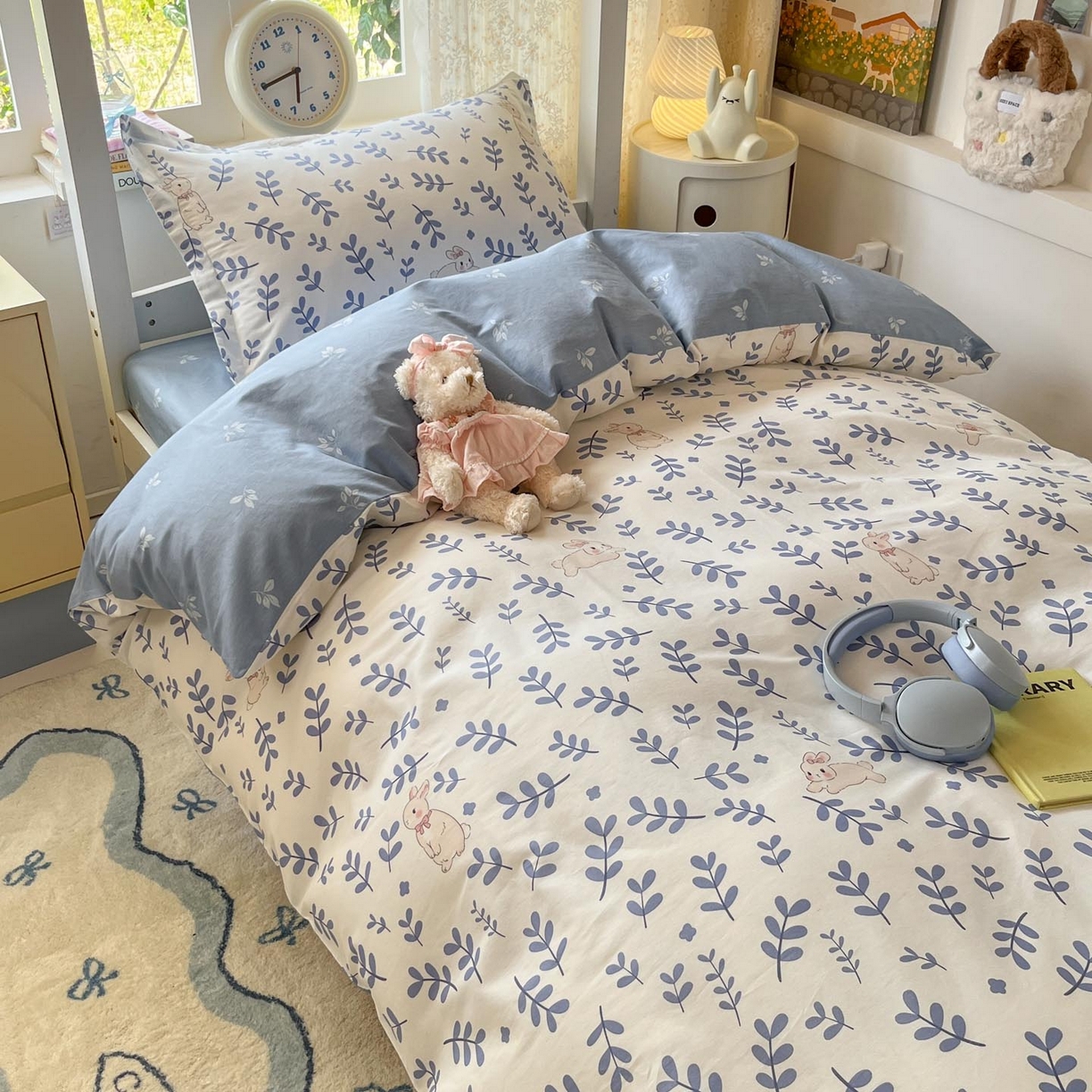 91家纺网 家纺一手货源 找家纺 涵宸家纺 2025新款学生图-全棉印花-ins印花三件套四件套 兔影