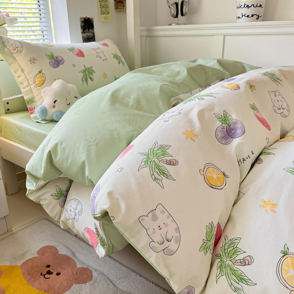 91家纺网 家纺一手货源 找家纺 涵宸家纺 2025新款学生图-全棉印花-ins印花三件套四件套 翠薇果