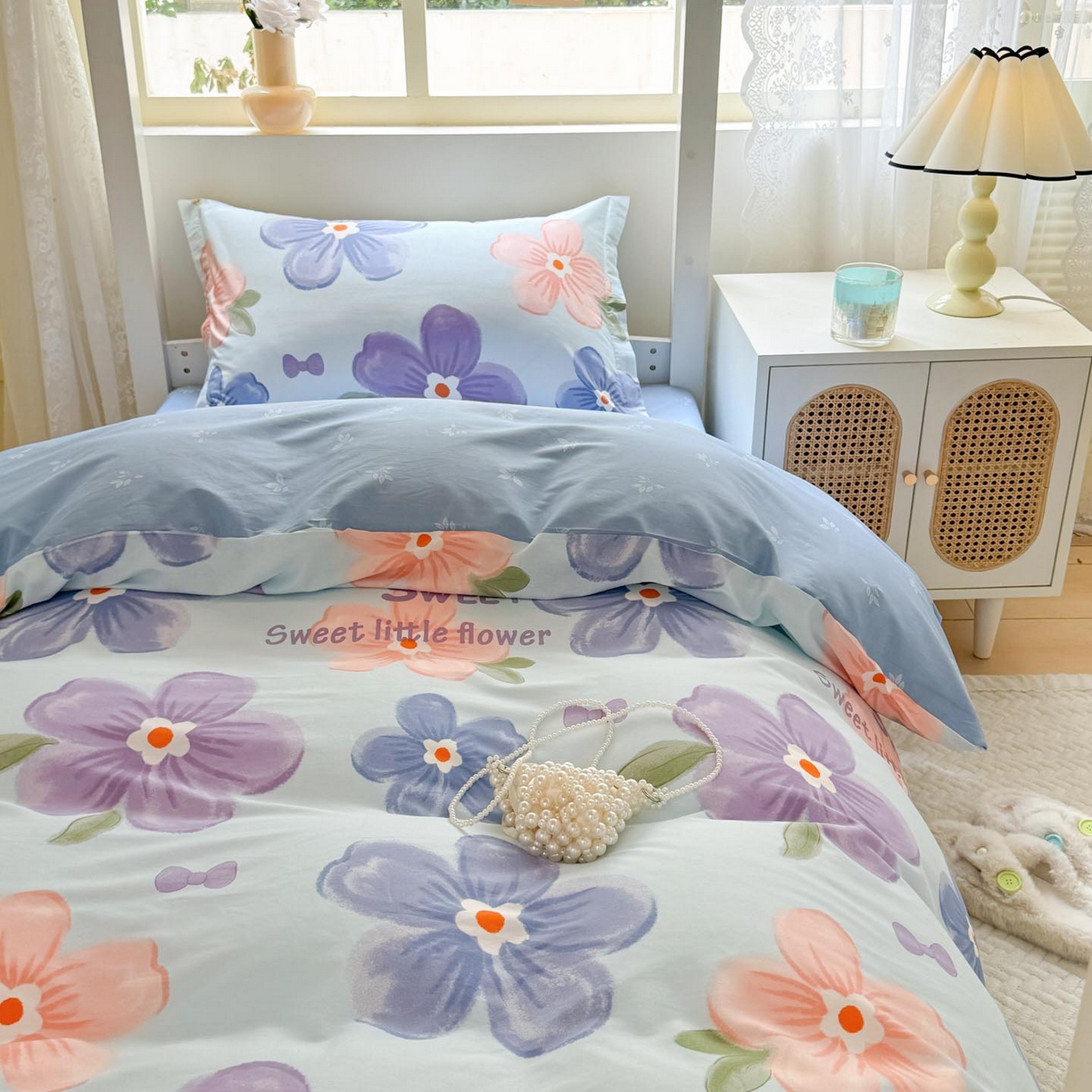 91家纺网 家纺一手货源 找家纺 涵宸家纺 2025新款学生图-全棉印花-ins印花三件套四件套 花季