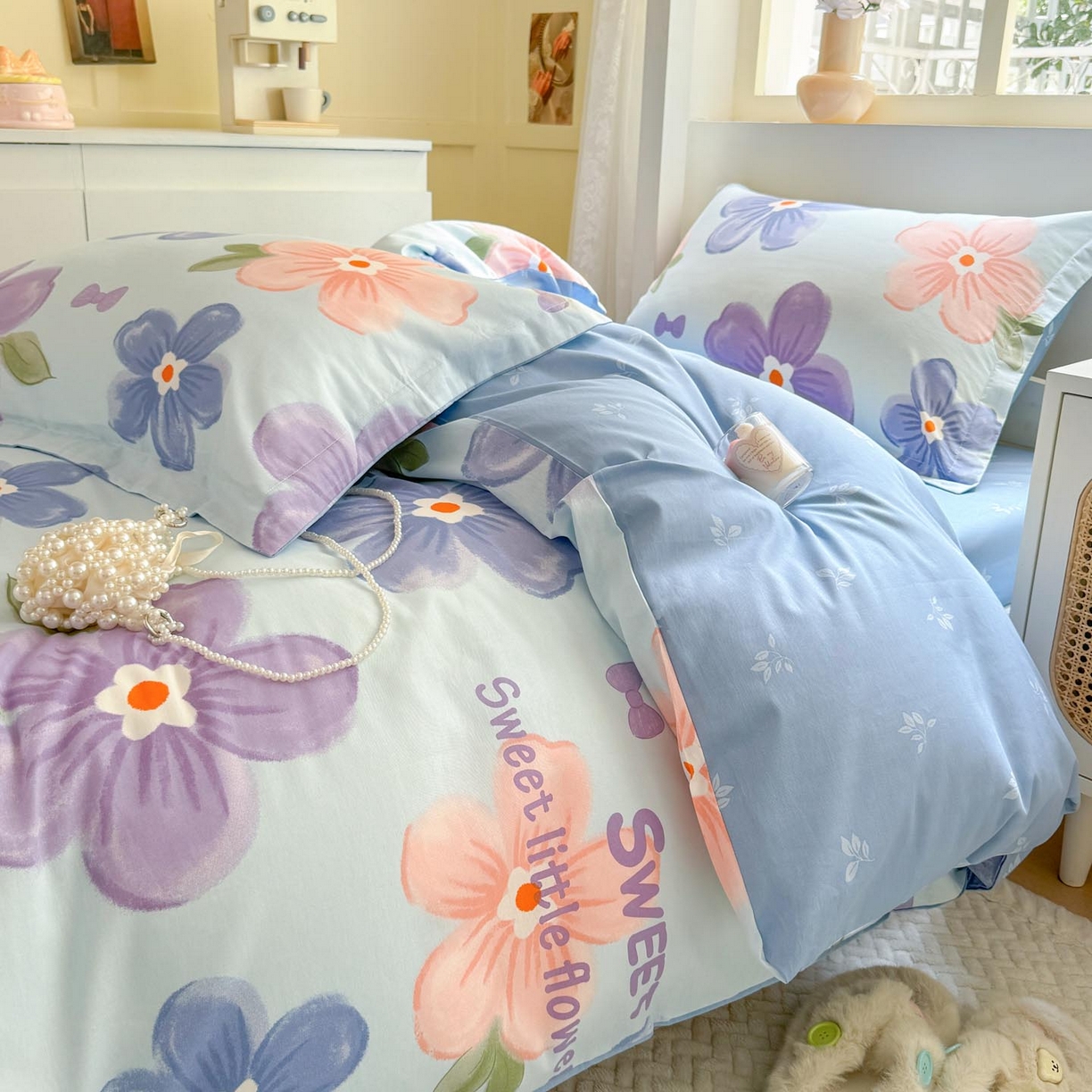 91家纺网 家纺一手货源 找家纺 涵宸家纺 2025新款学生图-全棉印花-ins印花三件套四件套 花季