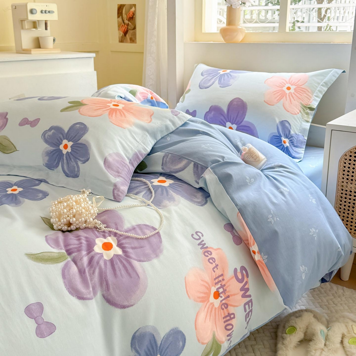 91家纺网 家纺一手货源 找家纺 涵宸家纺 2025新款学生图-全棉印花-ins印花三件套四件套 花季