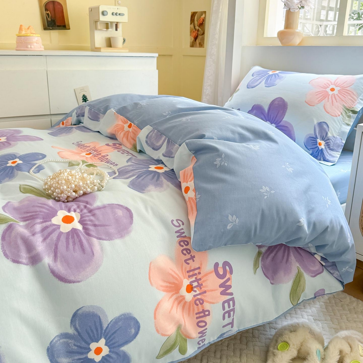 91家纺网 家纺一手货源 找家纺 涵宸家纺 2025新款学生图-全棉印花-ins印花三件套四件套 花季