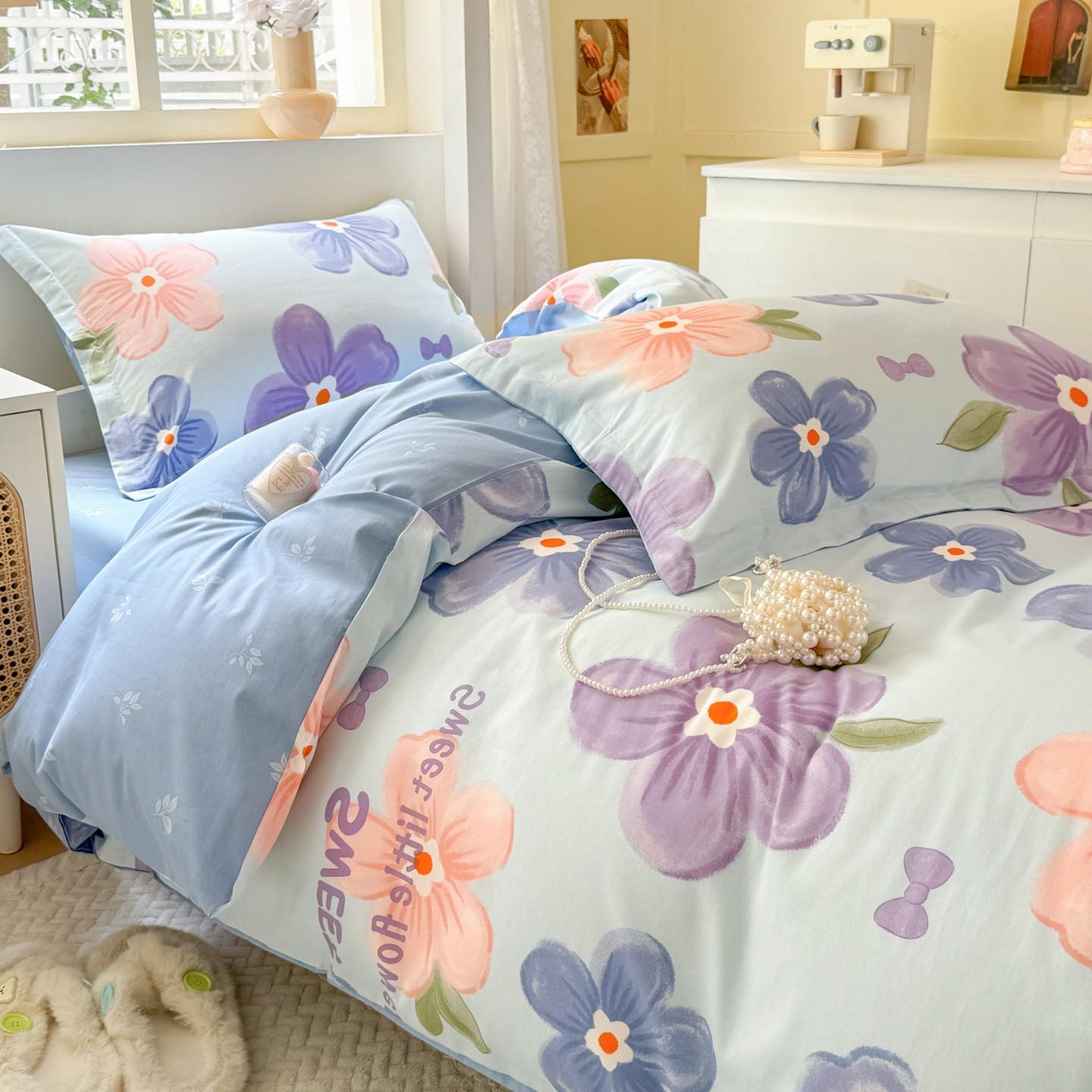 91家纺网 家纺一手货源 找家纺 涵宸家纺 2025新款学生图-全棉印花-ins印花三件套四件套 花季