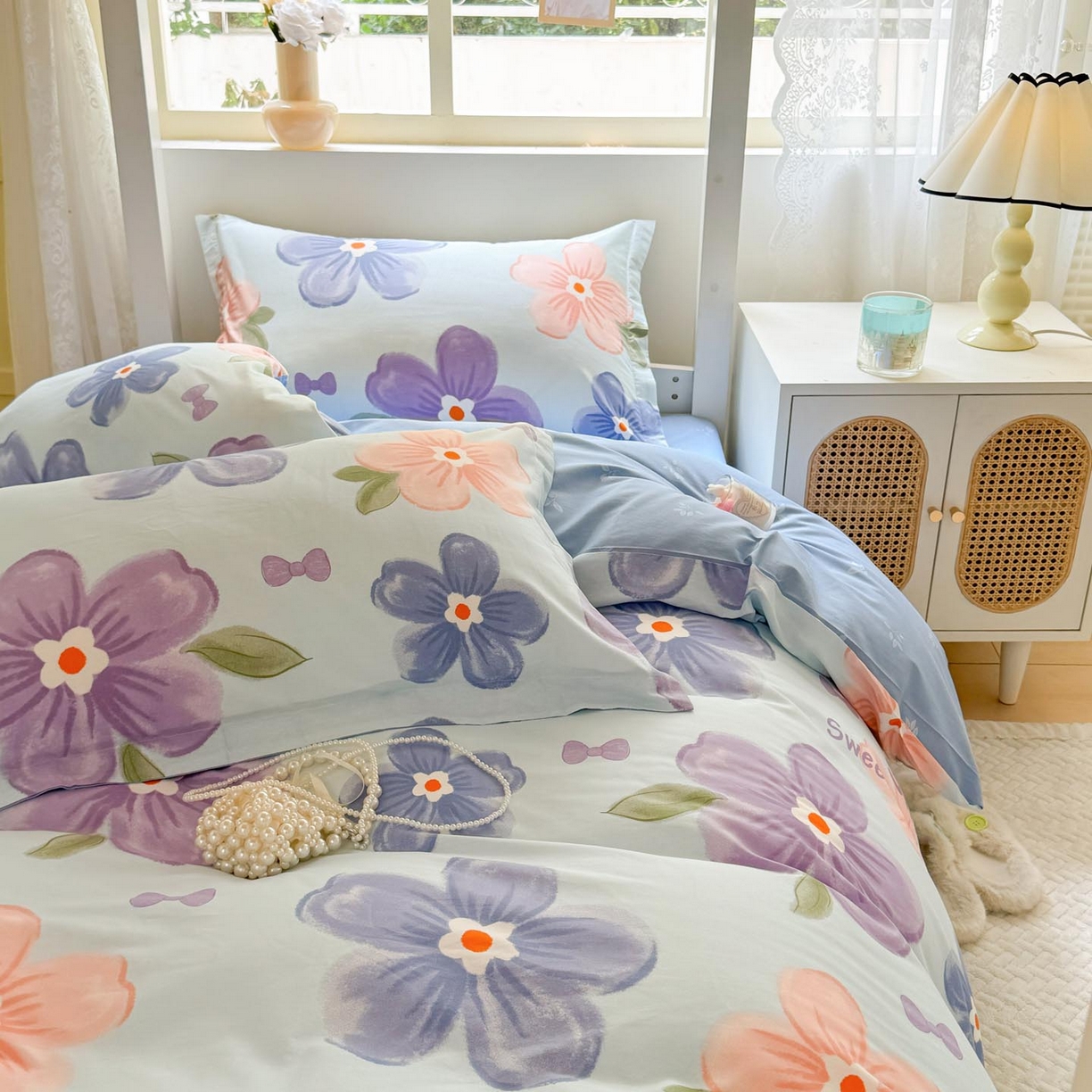 91家纺网 家纺一手货源 找家纺 涵宸家纺 2025新款学生图-全棉印花-ins印花三件套四件套 花季