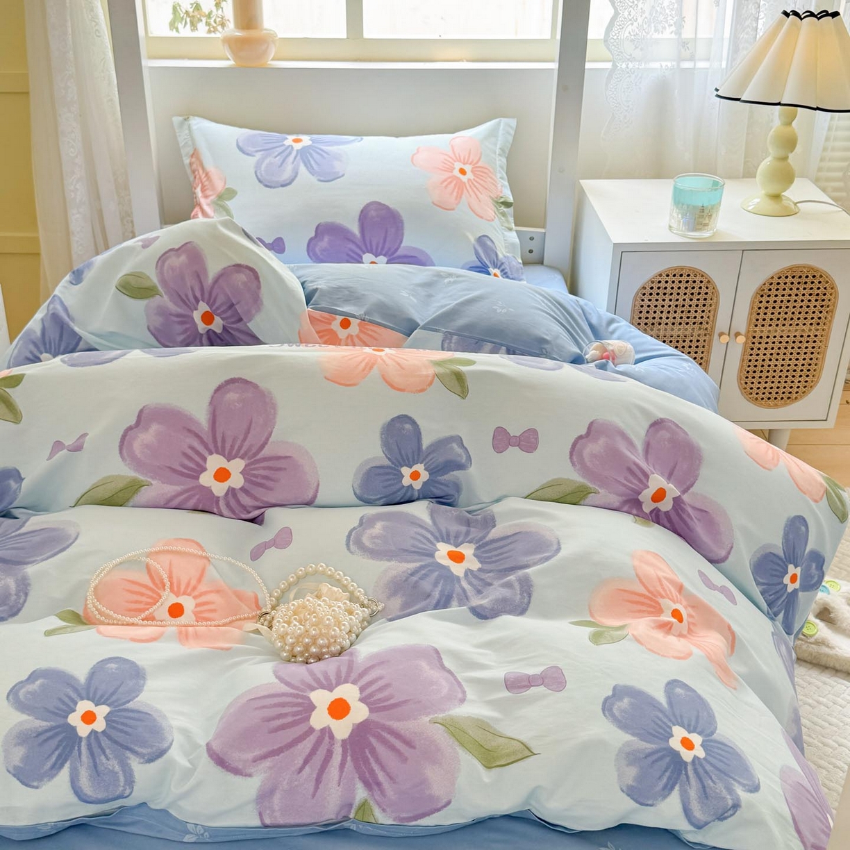 91家纺网 家纺一手货源 找家纺 涵宸家纺 2025新款学生图-全棉印花-ins印花三件套四件套 花季